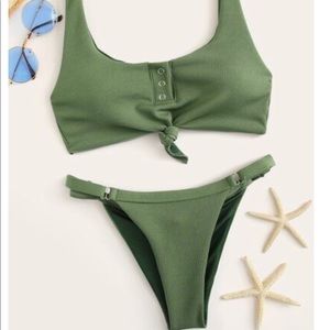 Ribb Knot Front Bikini Rouched Olive Green SHEIN